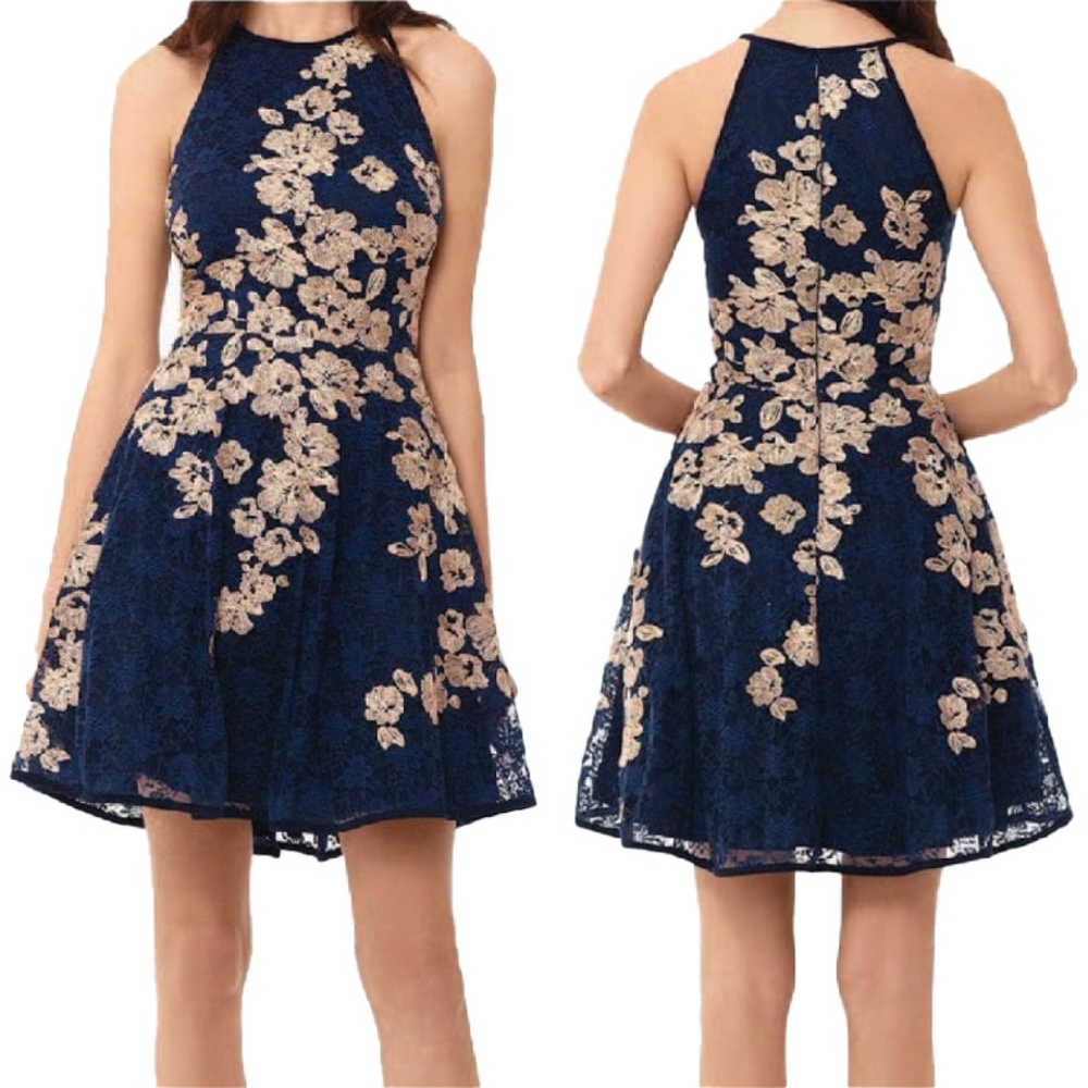 Xscape Navy and Gold Floral Mini Dress